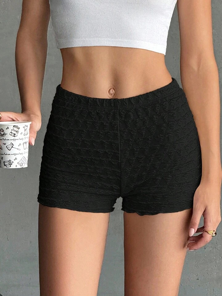SHEIN EZwear Black Knitted Bubble Satin Bodycon Super Shorts For Women | SHEIN