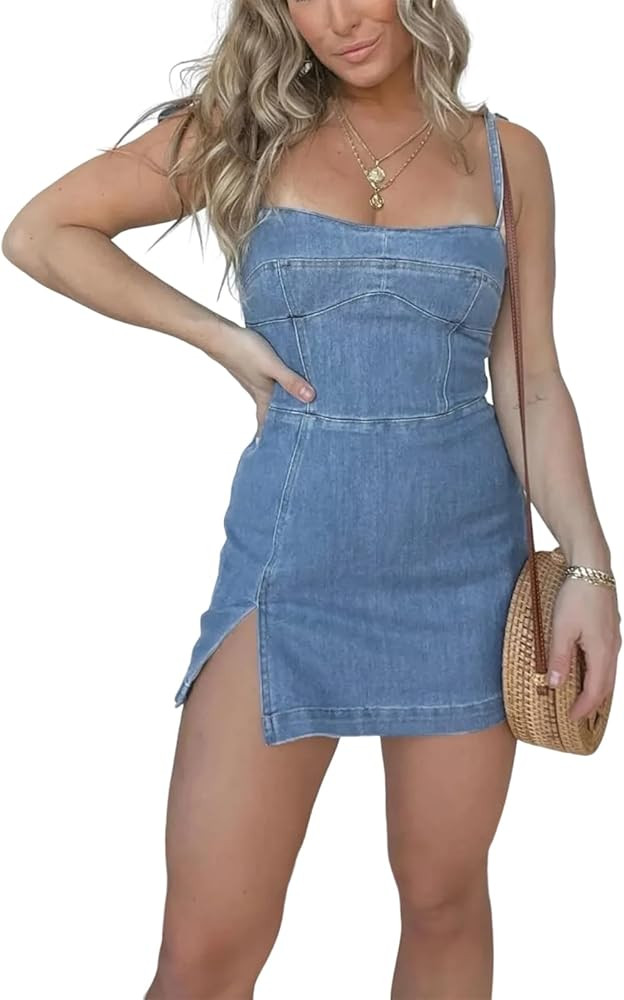 utcoco Women's 2026 Summer Tie Shoulder Denim Mini Dress Sleeveless Side Slit Bodycon Short Jean ... | Amazon (US)