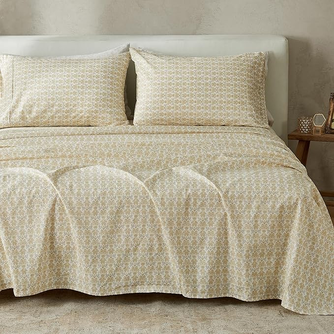 100% Cotton Percale Full Bed Sheets| Yellow Floral Printed, 4 Piece Cotton Percale Sheet Set | Li... | Amazon (US)