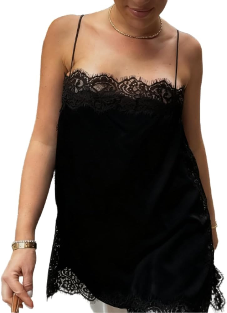 Women Silk Lace Trim Cami Tops Y2k Spaghetti Strap Silky Slip Dress Y2k Backless Going Out Camiso... | Amazon (US)