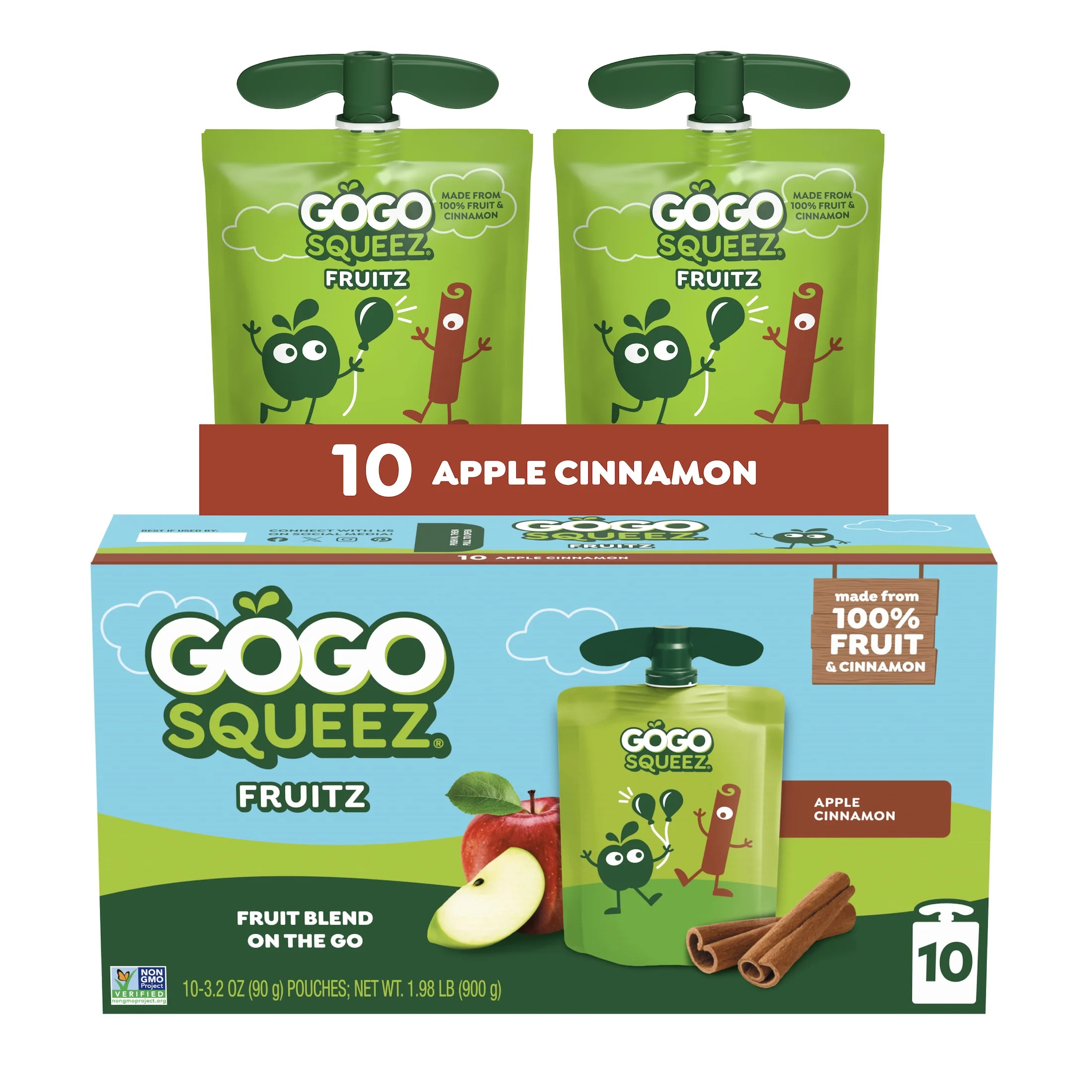 GoGo squeeZ No Sugar Added Apple Cinnamon Applesauce & Fruit Puree Pouches, 3.2 oz (10 Pack) - Wa... | Walmart (US)