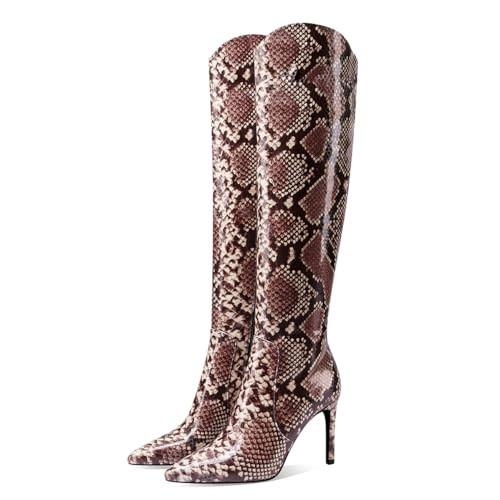 JANSEVEN Snakeskin Knee High Boots for Women Snake Skin Tall Boot with Stiletto High Heel Brown Python Print Pointed Toe Fashion Boots Side Zipper Size 9.5 | Amazon (US)