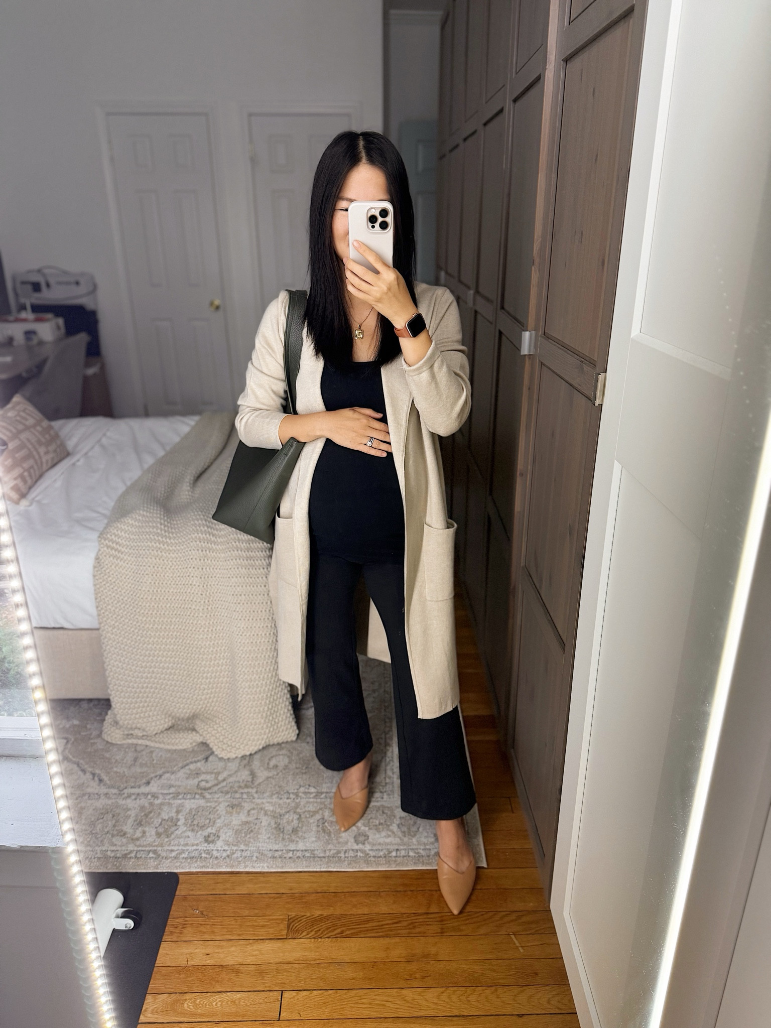 Beige sweater jacket (S)
Beige coatigan
Beige cardigan
Black camisole (XS)
Black maternity tank
Black maternity pants
Black pants for work
Black yoga pants 
Olive green tote bag
Cuyana System tote bag
Tan mule pumps (1/2 size up)
Maternity outfit (27 weeks)
Maternity work outfit
Business casual outfit
Fall work outfit
Neutral outfit
Amazon fashionn

#LTKWorkwear #LTKFindsUnder50 #LTKBump