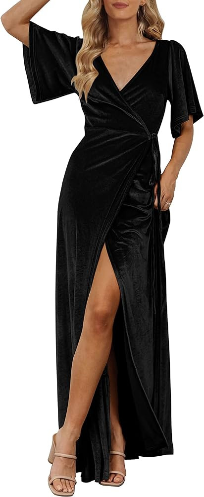 MEROKEETY Women's V Neck Wrap Velvet Maxi Wedding Guest Dress Bell Sleeve Split Bridesmaid Cockta... | Amazon (US)