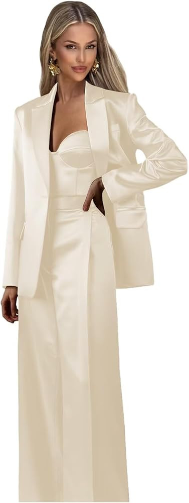 Formal Satin Womens Suit 3 Piece Dressy Suits for Women Business Casual Trendy 1 Button Blazer Ve... | Amazon (US)
