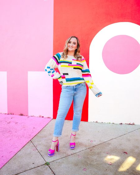 Love this colorful sweater and Barbie shoes from Christian louboutin #redbottoms #mother #motherdenim #nordstrom #colorfulfashion #sweater #colorfulstyle 

#LTKSeasonal #LTKmidsize #LTKshoecrush