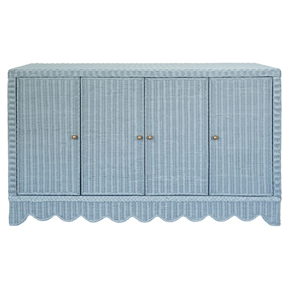 Worlds Away Beatrice Updated Traditional Light Blue Rattan Buffet | Kathy Kuo Home