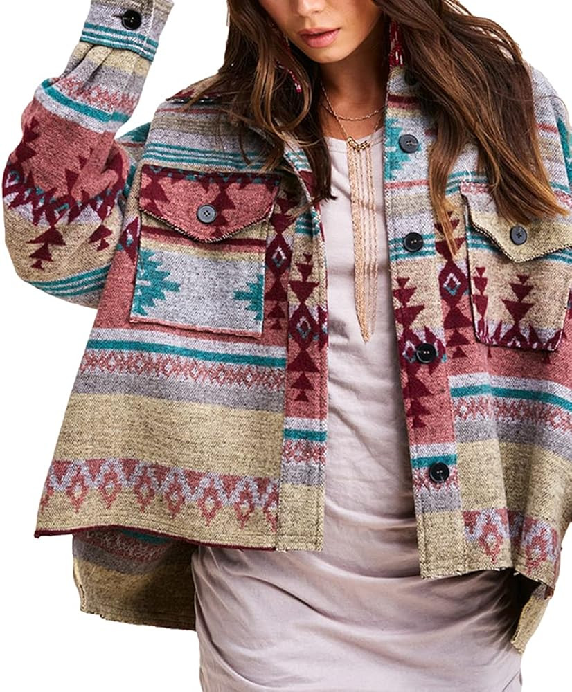 AMEBELLE Womens Aztec Print Shacket Vintage Fringed Wool Blend Shirt Jacket Coat | Amazon (US)