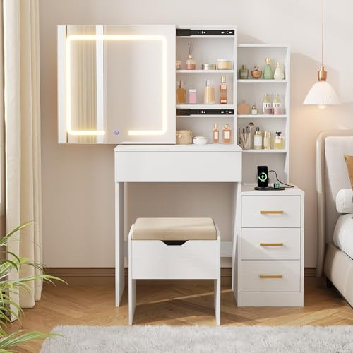 IDEALHOUSE Makeup Vanity Desk with Sliding Lighted Mirror, 4 Drawers, White | Amazon (US)