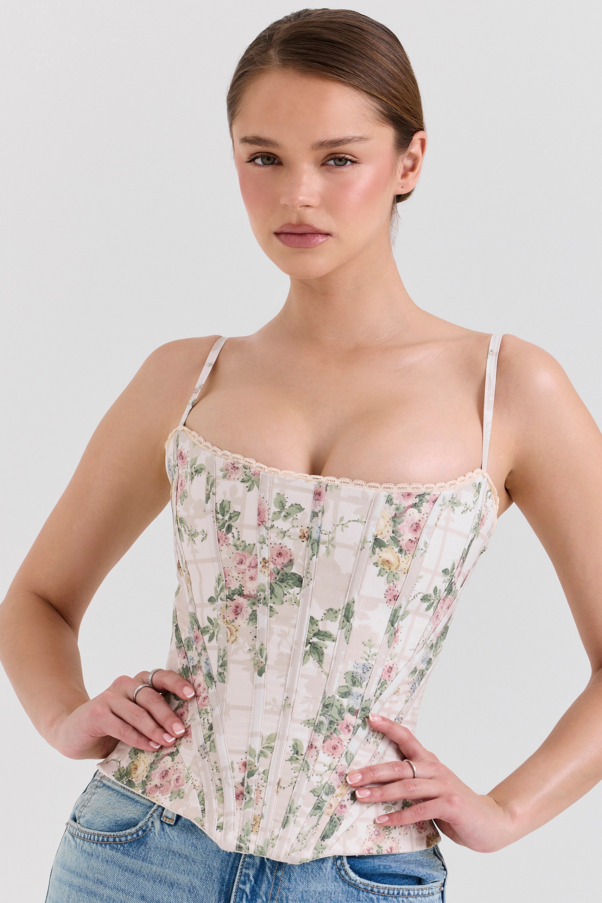 cream floral cotton corset top | House of CB
