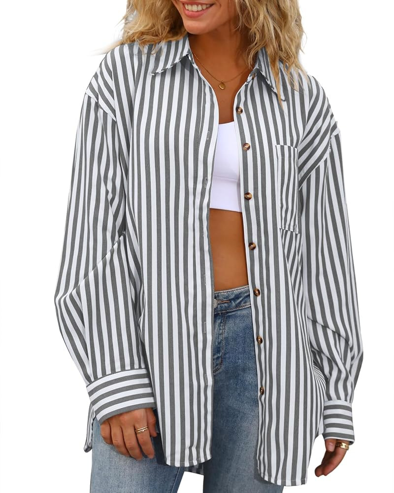 CHYRII Womens Striped Button Down Shirt Casual Long Sleeve Blouse Top | Amazon (US)