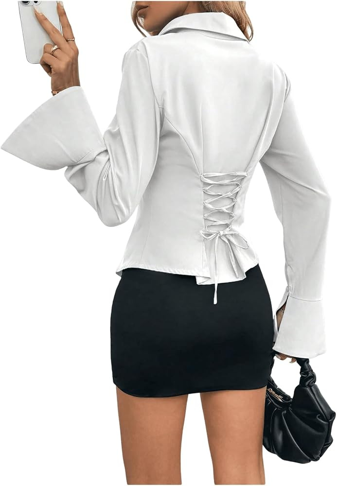 WDIRARA Women's Long Bell Sleeve Button Down Shirt Lace Up Back Princess Line Lapel Top | Amazon (US)
