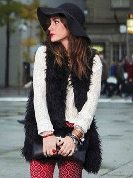 Black Vest Faux Fur Sleeveless Polyester Vest for Women | Milanoo