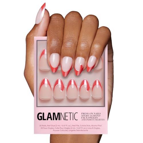 Glamnetic Press On Nails - Mrs. Claus | Semi-Transparent Red French Tip Santa Hat Short Almond False Nails, Reusable Stick On Fake Nails with Glue | Salon Quality | 15 Sizes - 30 Nail Kit | Amazon (US)