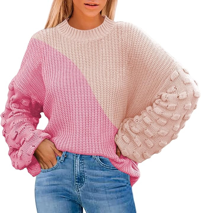 Sovoyontee Women's Cute Oversized Crewneck Loose Puff Sleeves Chunky Knit Pullover Sweater | Amazon (US)