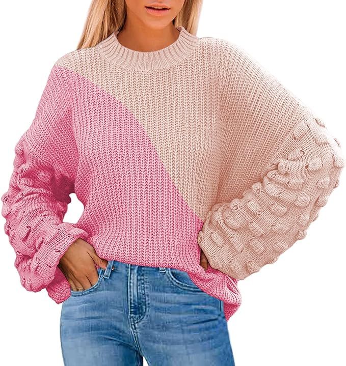 Sovoyontee Women's Cute Oversized Crewneck Loose Puff Sleeves Chunky Knit Pullover Sweater | Amazon (US)