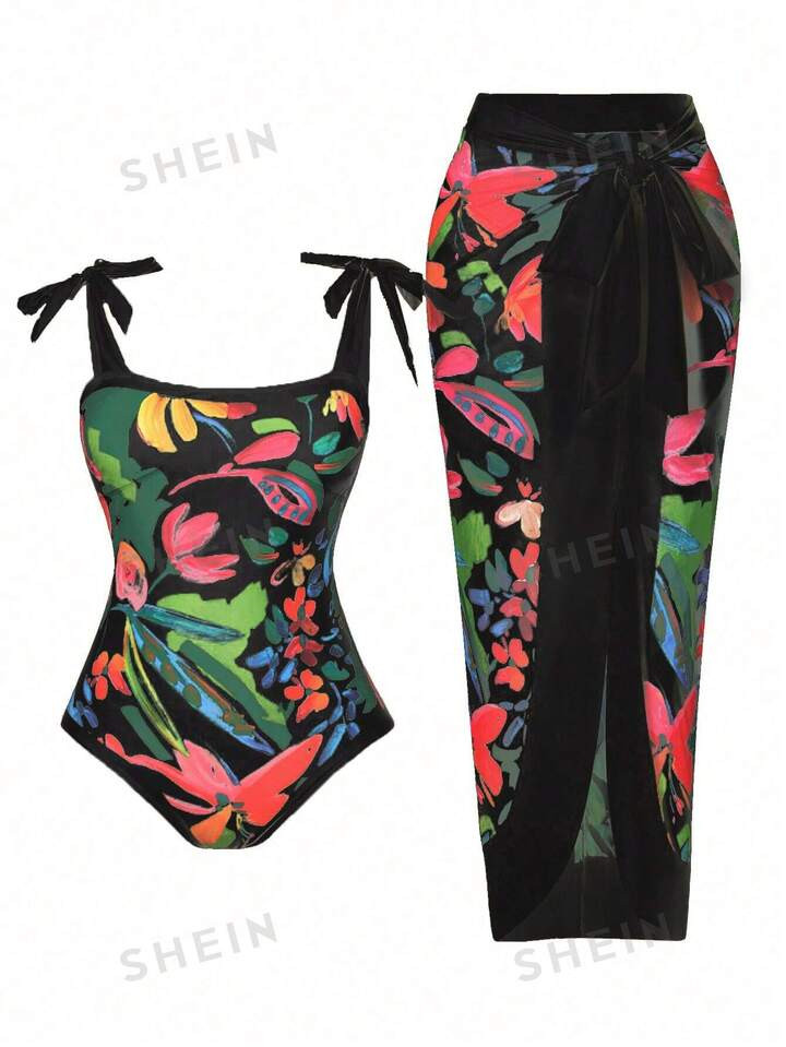 SHEIN Swim Oasis Plus Size Printed Two-Piece Monokini Swimwear,Summer Beach | SHEIN