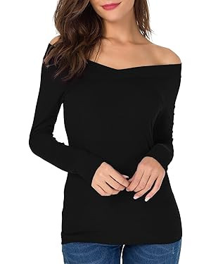 Sarin Mathews Womens Shirts Off The Shoulder Tops Sexy V Neck Slim Fit Shirts Tops Blouses       ... | Amazon (US)