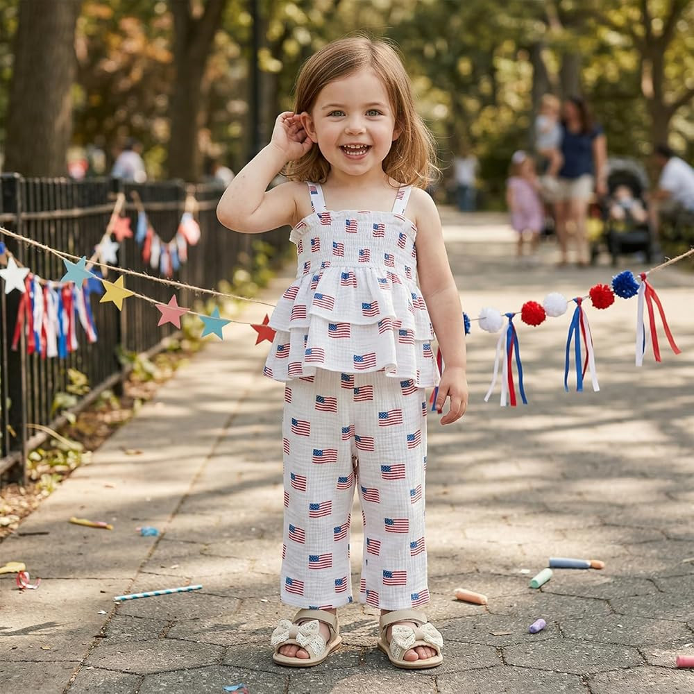 4th of July Toddler Girl Outfits Smocked American Flag Shirts Tops and Pants Sets Infant Fourth o... | Amazon (US)