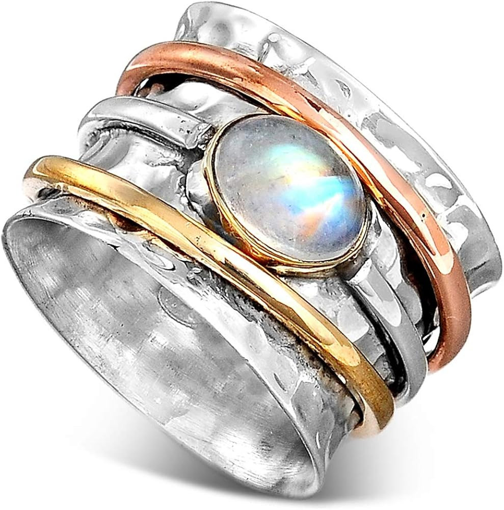 Boho-Magic 925 Sterling Silver Spinner Moonstone Ring for Women with Copper and Brass Fidget Ring... | Amazon (US)