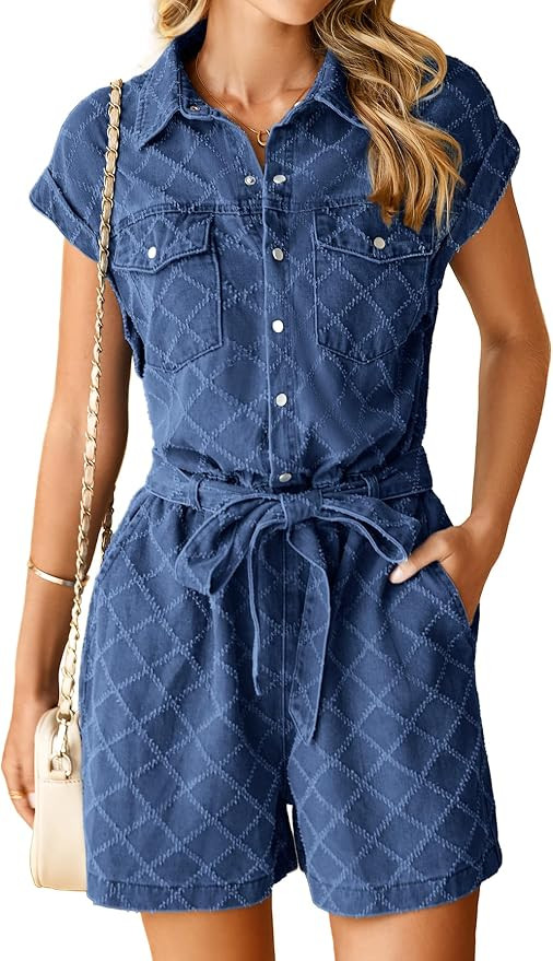 Simplee Womens 2025 Denim Romper Casual Short Sleeve Cargo Jean Romper Overall Shorts With Pocket... | Amazon (US)