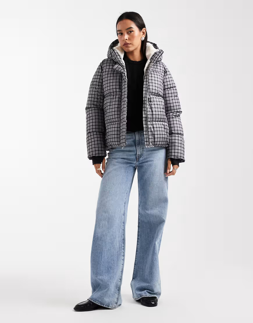 Hollister high neck puffer jacket in black gingham | ASOS (Global)