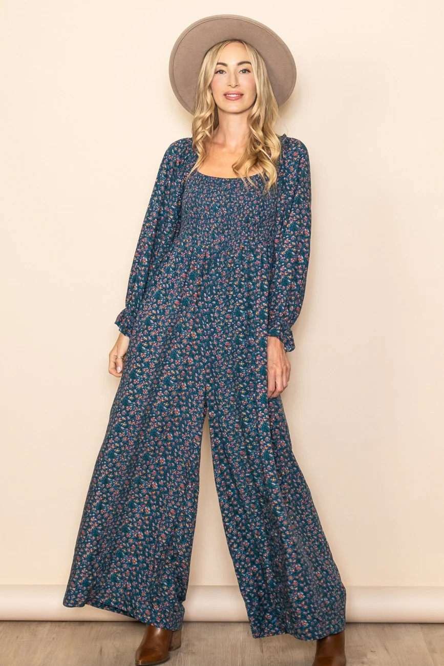 Dark Teal Floral Smocked Wide Leg Jumpsuit | PinkBlush Maternity