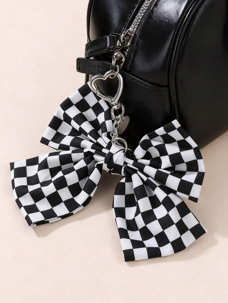 1pc Women's Fashion Chic Black & White Checkerboard Bow Heart Print Keychain Bag Charm, Suitable ... | SHEIN