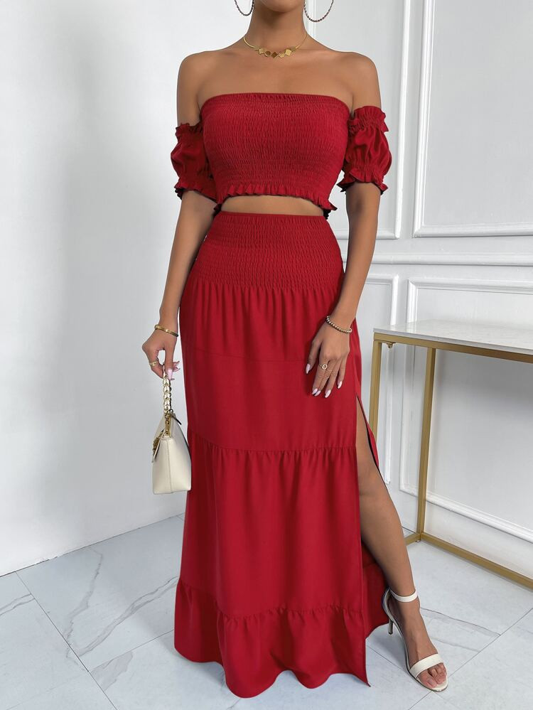 Off Shoulder Shirred Bodice Crop Top & Split Thigh Skirt Set | SHEIN