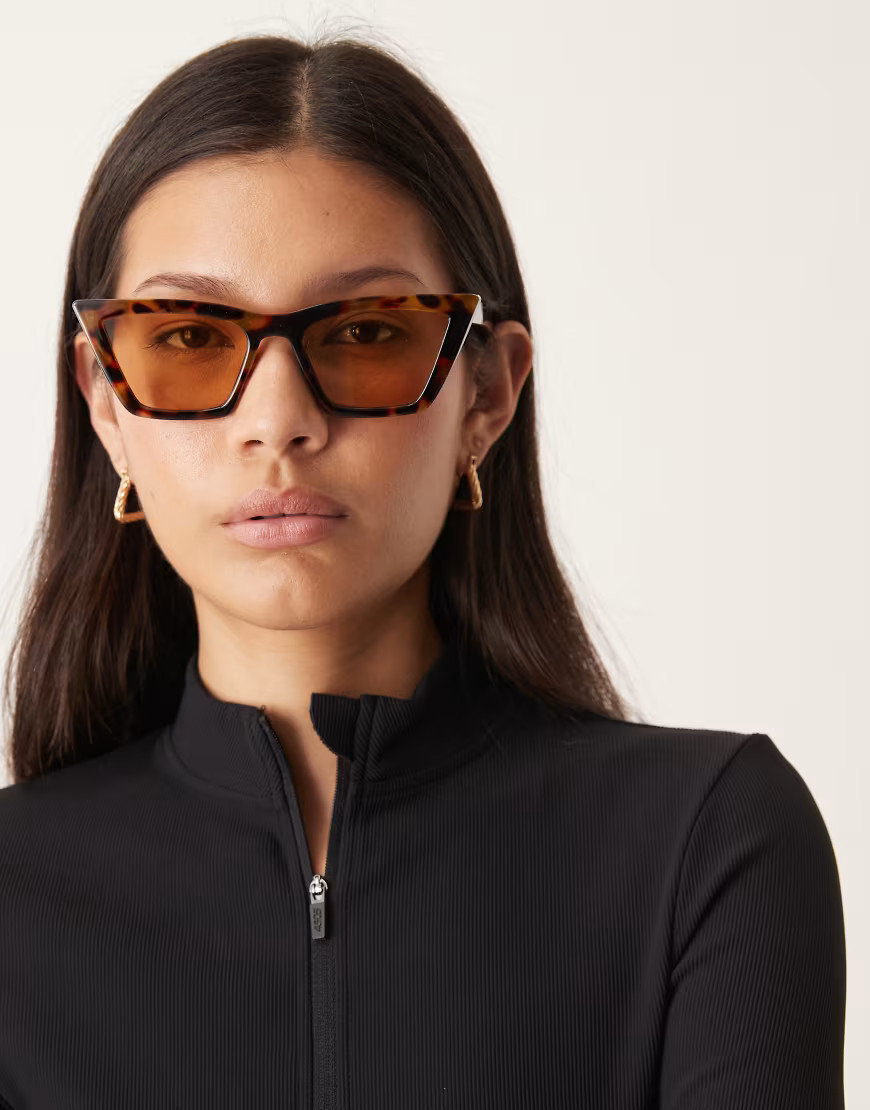 ASOS DESIGN angular cat eye sunglasses in tort with yellow lenses-Brown | ASOS (Global)