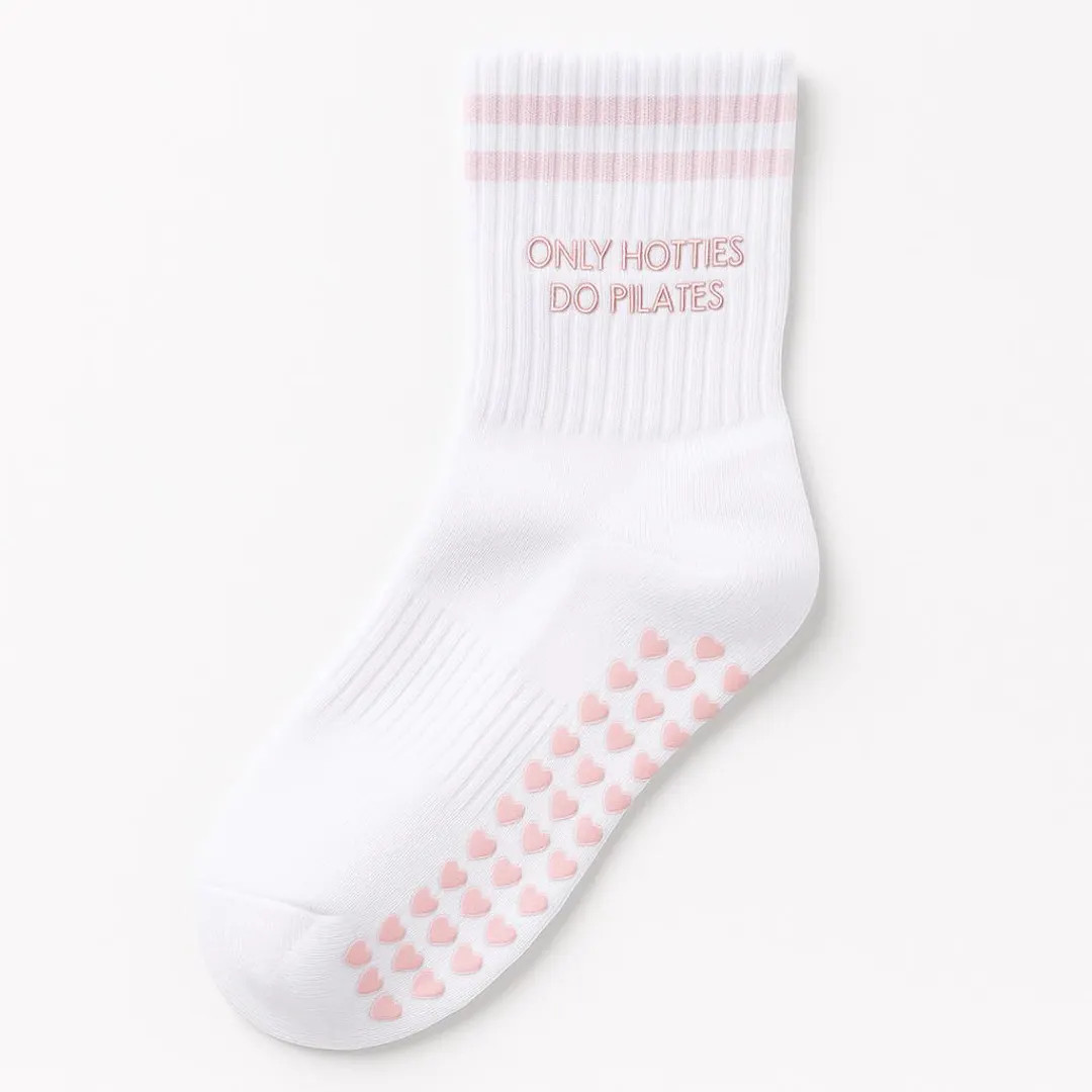 Pilates Grip Socks: Pink Heart Grips, "only Hotties Do Pilates" Embroidery Light Pink - Etsy | Etsy (US)