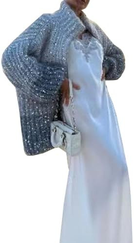 Womens Oversized Sequin Sweater Fashion Stand Collar Lantern Sleeve Zip Up Cardigan Sweaters | Amazon (US)