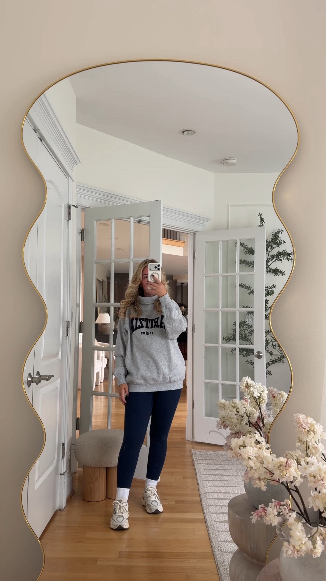Cozy oversized sweatshirt, my favorite leggings, and the comfiest sneakers.  Wearing size small in sweatshirt, and medium in leggings.