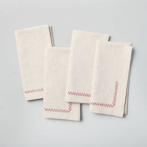 4pk Simple Corner Stich Cloth Napkin Set Natural/Red - Hearth &#38; Hand&#8482; with Magnolia | Target