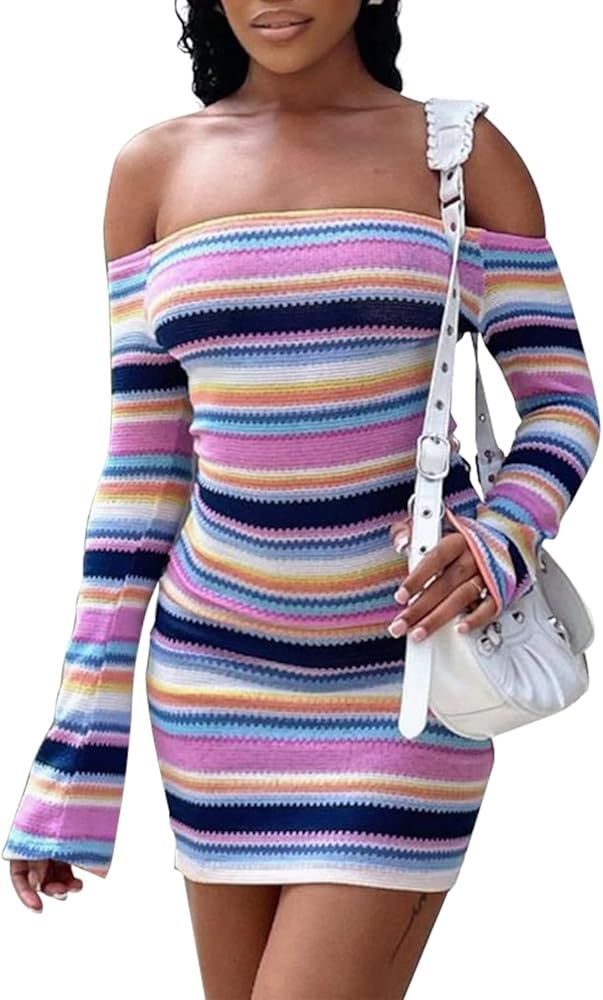 Women's Knitted Mini Dress Off Shoulder Crochet Knit Hollow Out Long Sleeve Short Dress E Girl St... | Amazon (US)