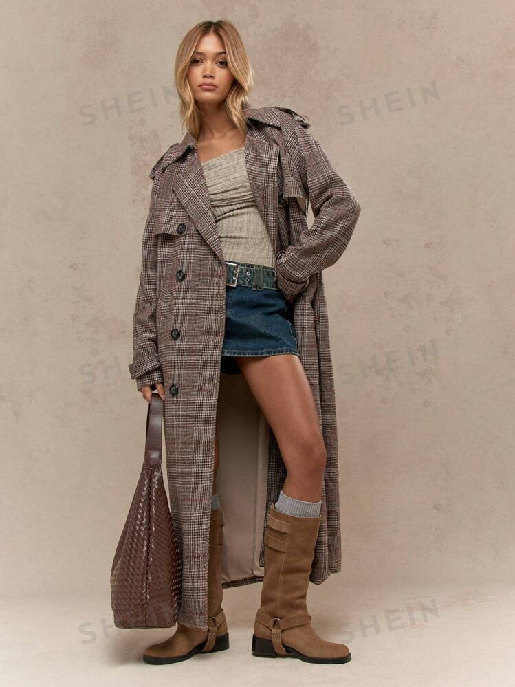 MISSGUIDED Glen Check Double Breasted Longline Trench Coats With Side Pockets | SHEIN USA | SHEIN