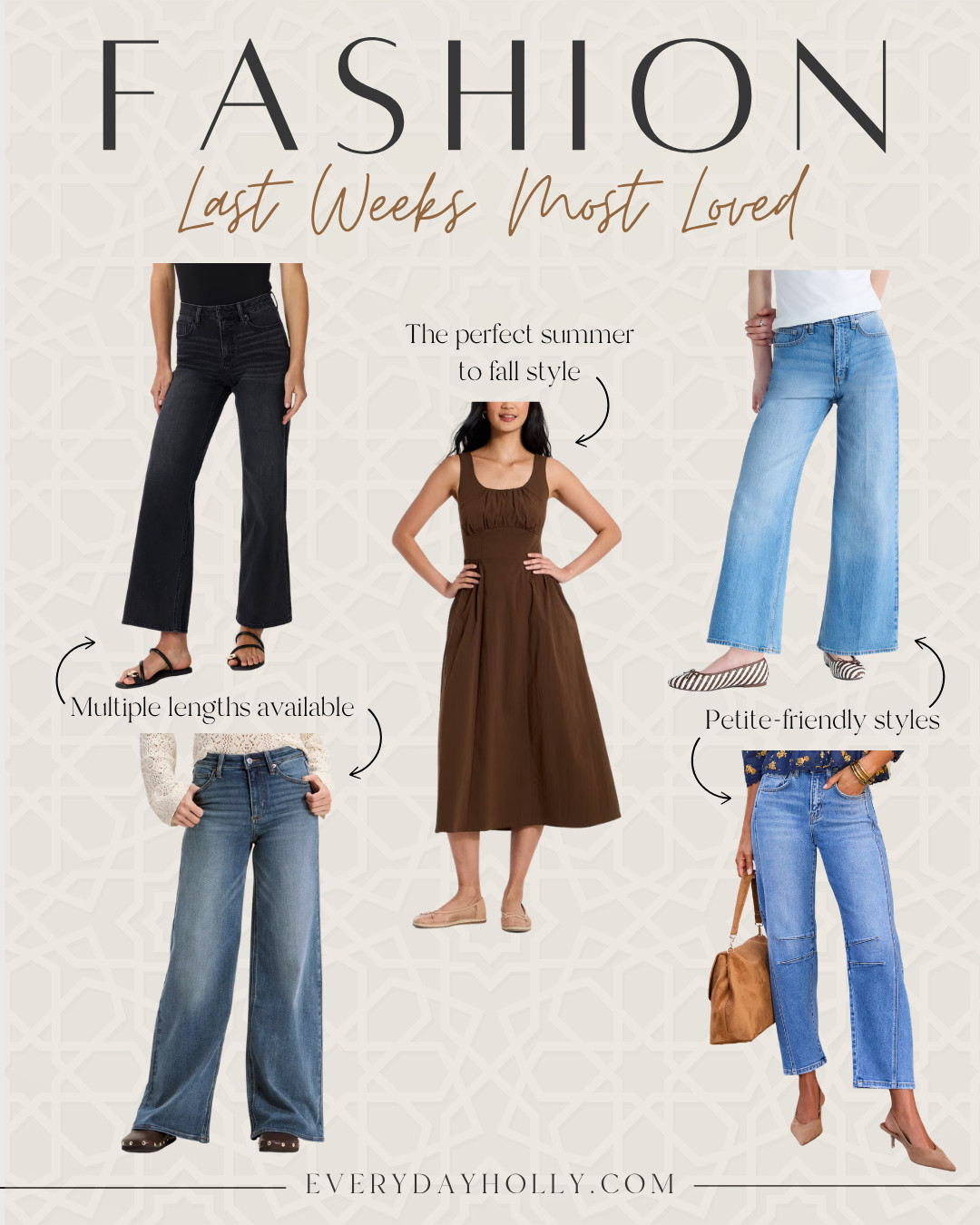 Last week’s most loved fashion finds are perfect for heading into fall! Petite friendly jeans, multiple length options and the prettiest brown dress make summer to fall dressing so easy.

fall fashion, fall outfit ideas, petite fashion, petite jeans, wide leg jeans, cropped jeans, jeans with multiple lengths, brown midi dress, transitional outfits, summer to fall style, everyday outfits, EverydayHolly 

 #LTKootd #LTKSeasonal #LTKOver40