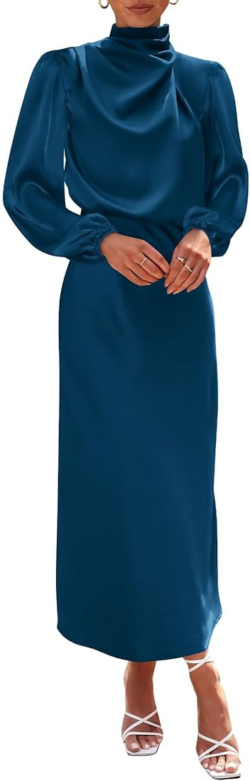 BTFBM Women's Mock Neck Satin Dress Elegant Long Sleeve Elastic High Waist Formal Wedding Cocktail P | Amazon (US)