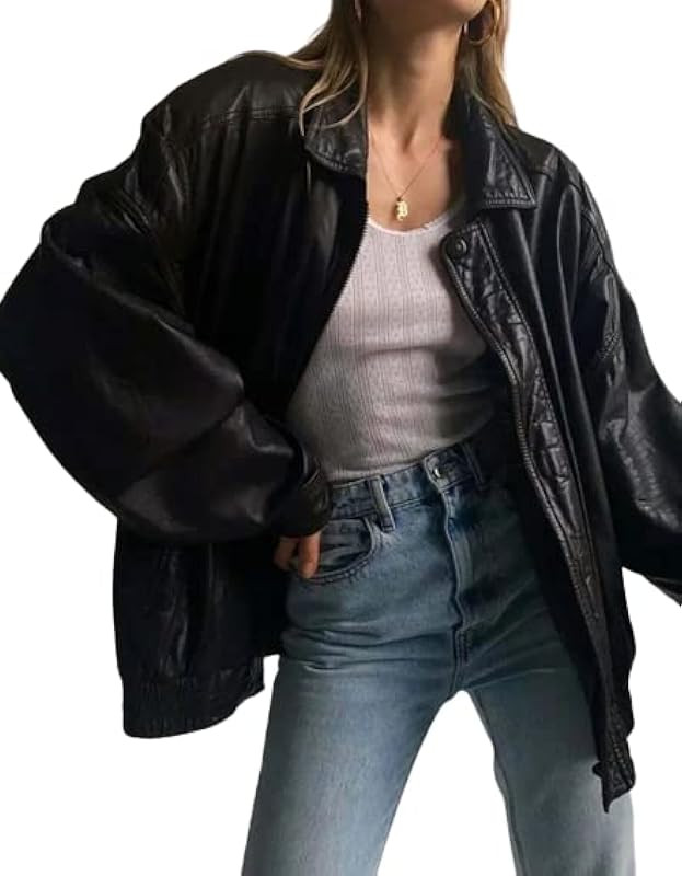 Women’s Fashion 90s Leather Jacket Oversized Leather Bomber Jacket | 90’s Retro Vintage Leath... | Amazon (US)