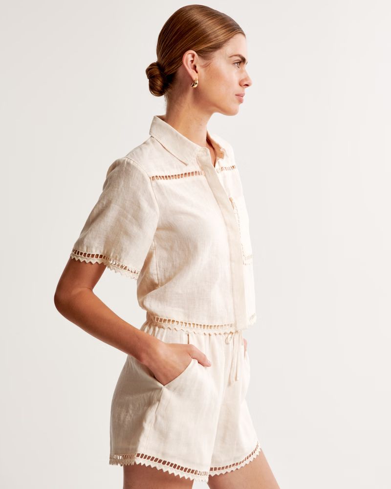 Women's Linen-Blend Embroidered Pull-On Short | Women's Matching Sets | Abercrombie.com | Abercrombie & Fitch (US)