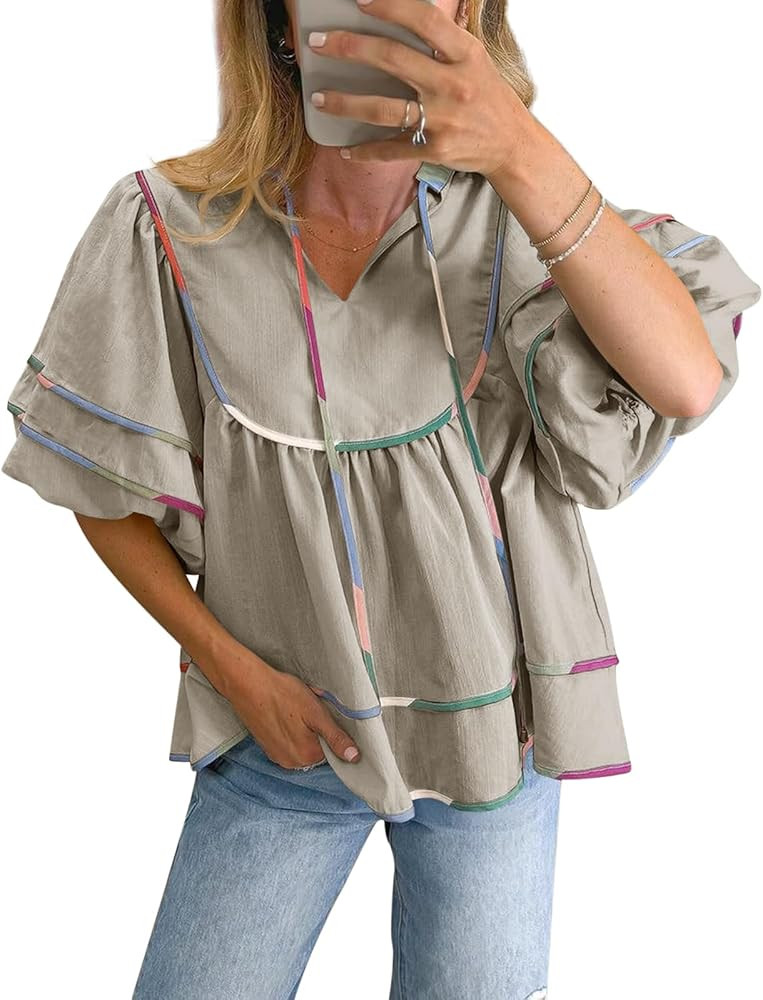 Cicy Bell Womens Summer Babydoll Tops V Neck Short Lantern Sleeve Shirts Cute Loose Fit Peplum Fl... | Amazon (US)