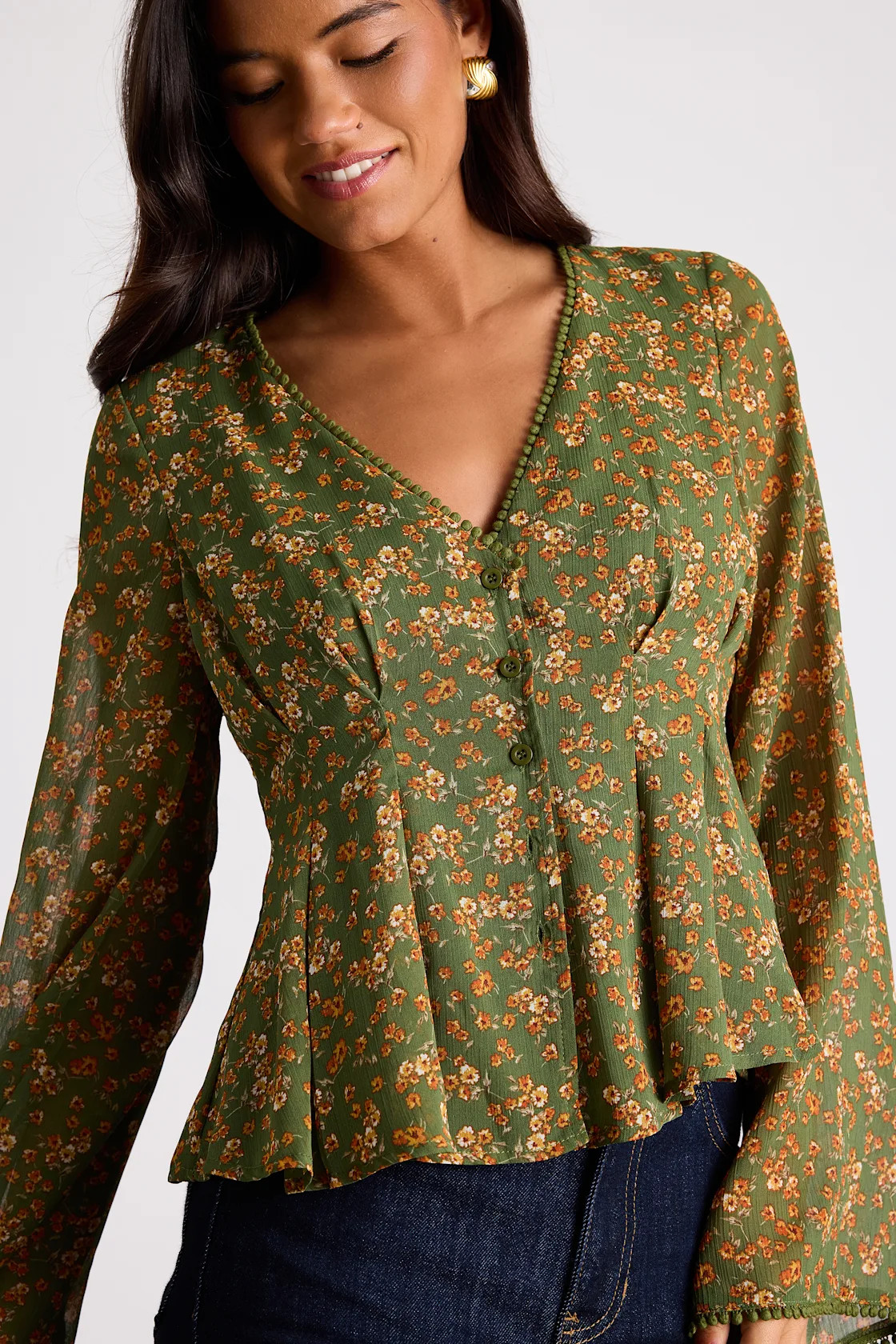 Merryn Olive Green Floral Button-Front Pleated Long Sleeve Top | Lulus