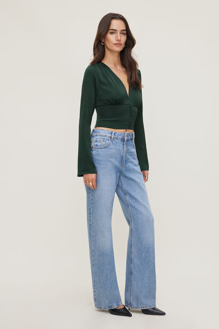 Draped V Neck Satin Blouse | Dynamite Clothing