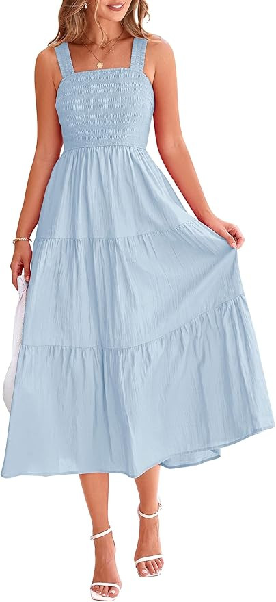 PRETTYGARDEN Womens Smocked Midi Dress 2025 Summer Ruffle A Line Long Flowy Dresses Cute Sleevele... | Amazon (US)