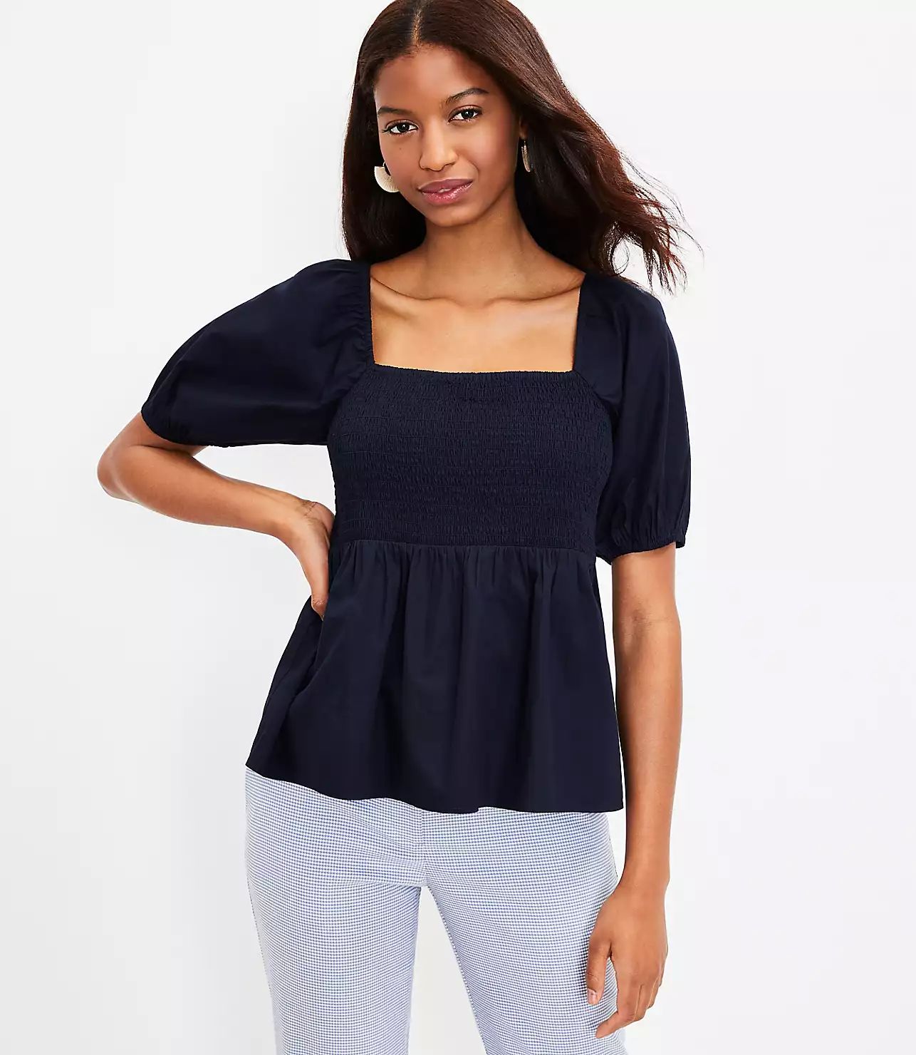 Smocked Puff Sleeve Peplum Top | LOFT