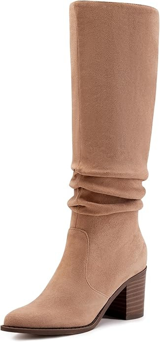 Athlefit Womens Knee High Chunky Heel Boots Faux Suede Pointed Toe Side Zipper Boots | Amazon (US)