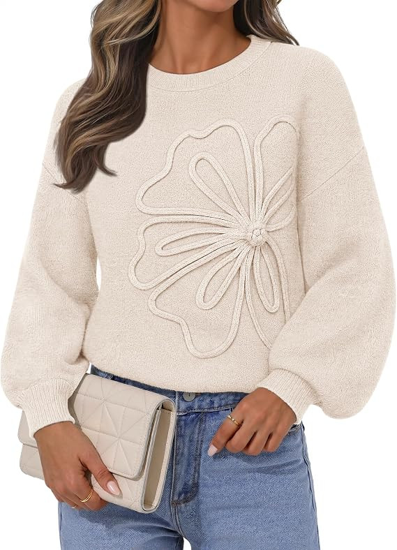 MEROKEETY Women's Fall Floral Cute Sweaters Winter Trendy Oversized Tops | Long Lantern Sleeve Pu... | Amazon (US)