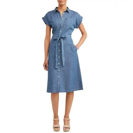 Women's Belted Midi Shirt Dress with Pocket | Walmart (US)