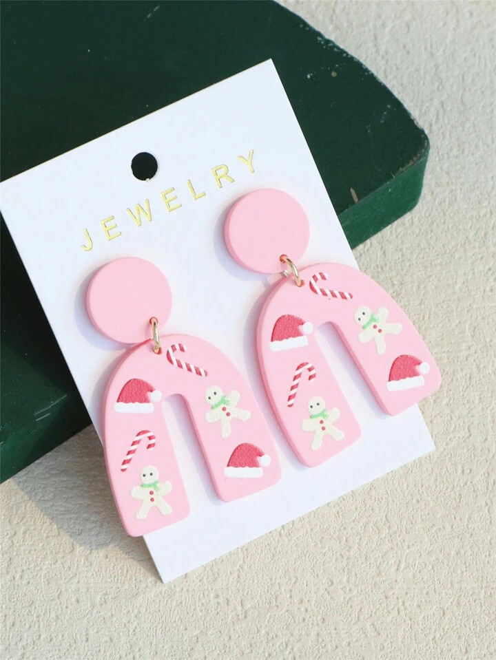 1pair Women's Christmas Pink Hollow Arch Gingerbread Man, Candy Cane, Santa Hat, Printed Terracot... | SHEIN