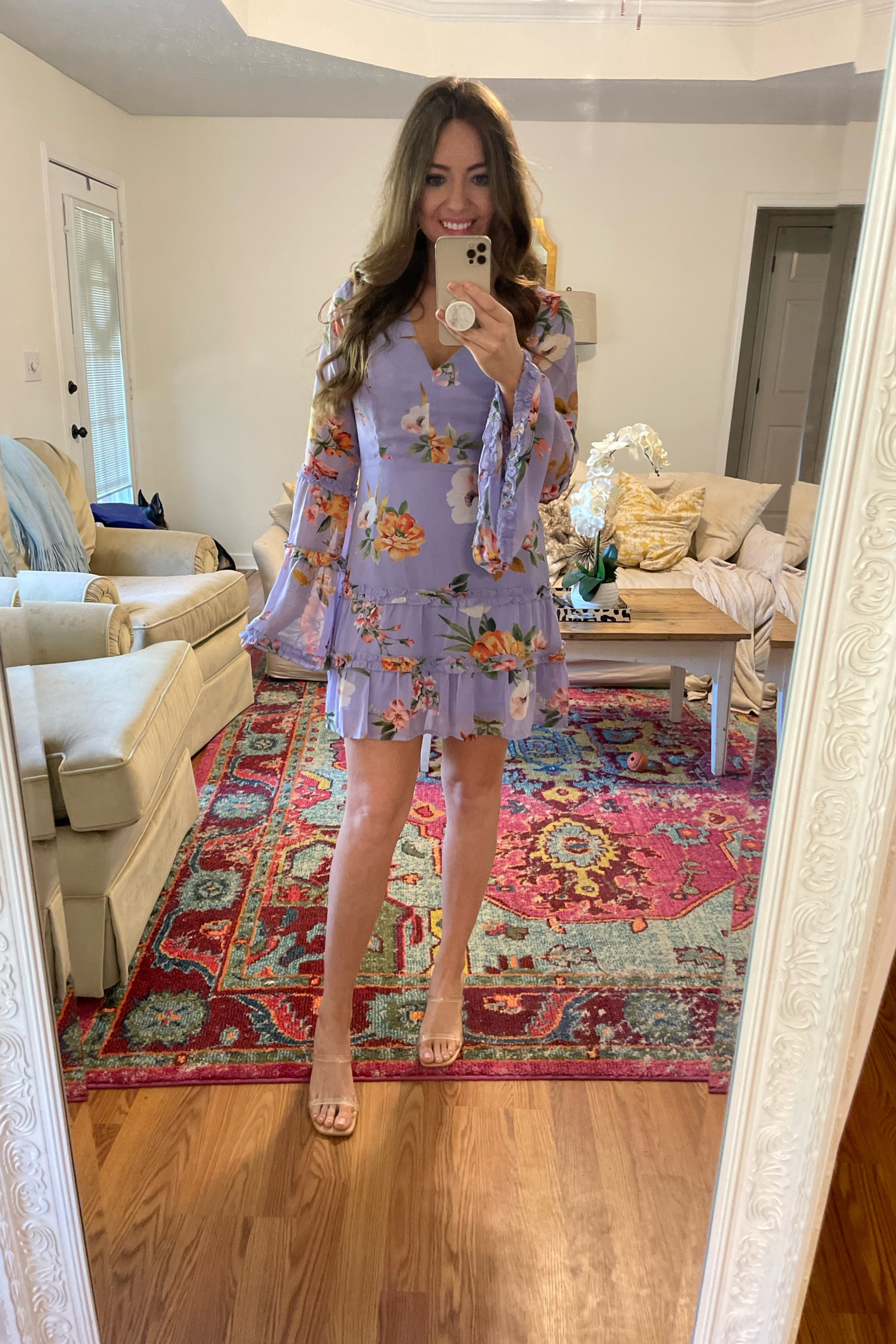 Lulus spring floral print dress. Great shower dress or wedding guest dress. 5’5 wearing a small. 